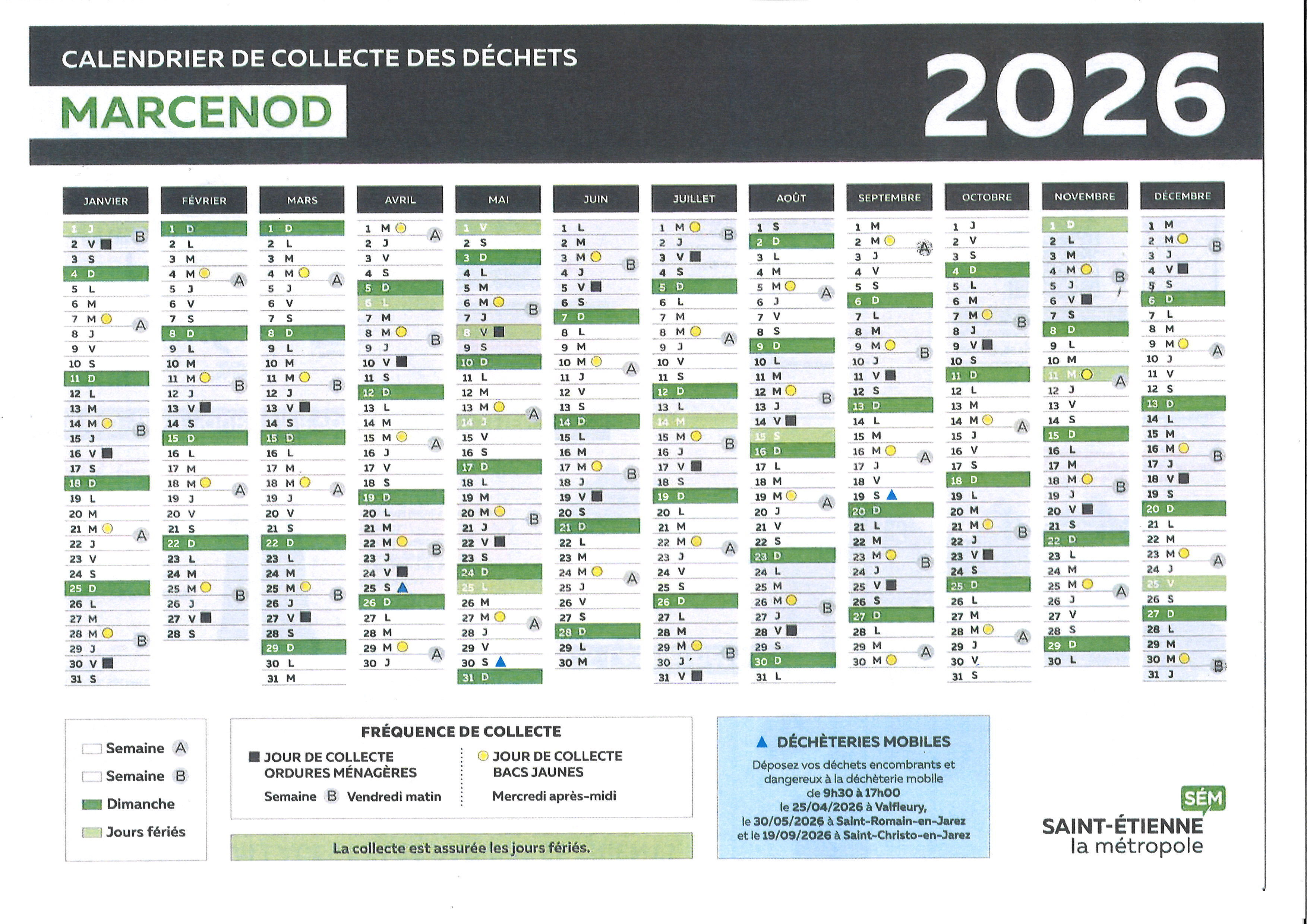Calendrier collecte déchets 2026 recto